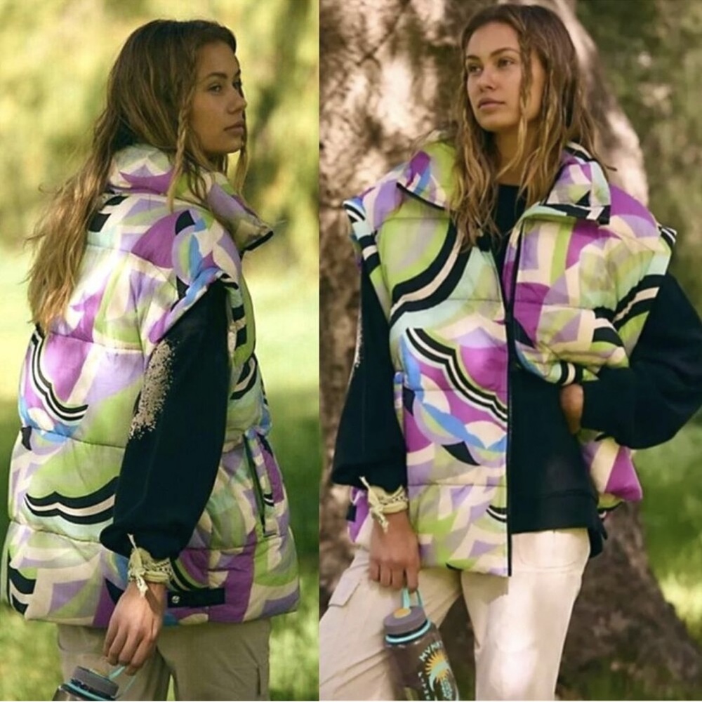 NWT New Free People In A Bubble Printed Puffer Neon Purple Vest Size L